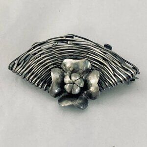 Vintage Sterling Silver Basket Weave Flower Fan Brooch